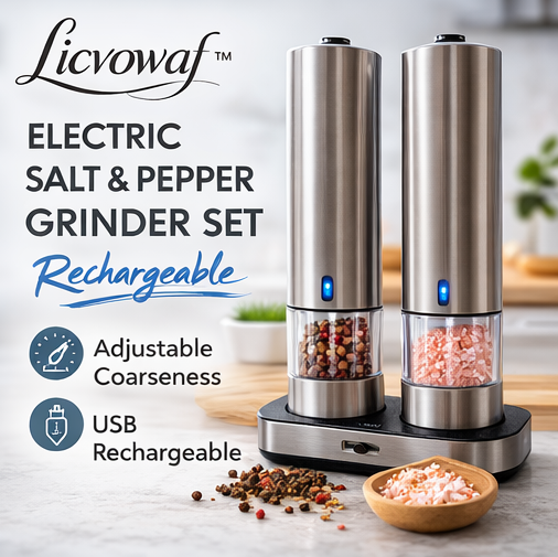 Licvowaf™ Electric Salt & Pepper Grinder Set – Rechargeable, Adjustable Coarseness, Stainless Steel Design