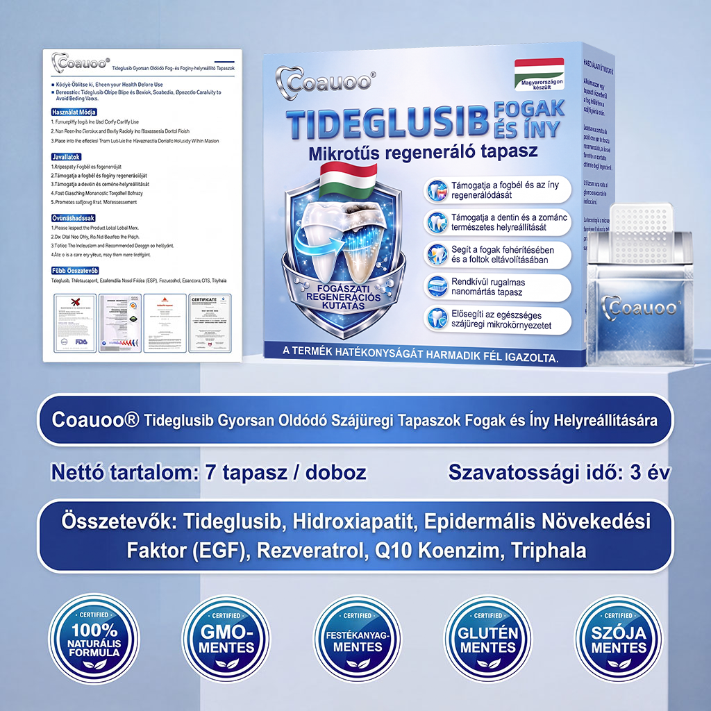 🇭🇺🦷 Mondj búcsút az érzékenységnek és kellemetlenségeknek! 𝐂𝐨𝐚𝐮𝐨𝐨® Tideglusib szájcsíkok – gyors regenerálás a fogaknak és az ínynek 😊