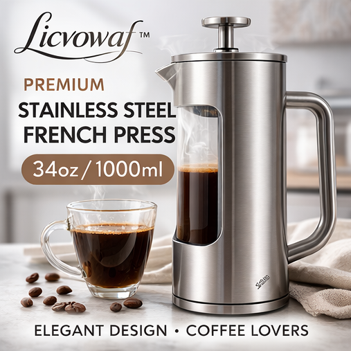 Licvowaf™ Premium Stainless Steel French Press Coffee Maker – 34oz / 1000ml – Elegant Design for Coffee Lovers